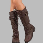 Schnürstiefel Damen schwarz kniehoch mit Doppelschnallen - 2 - Atelier-Zofia