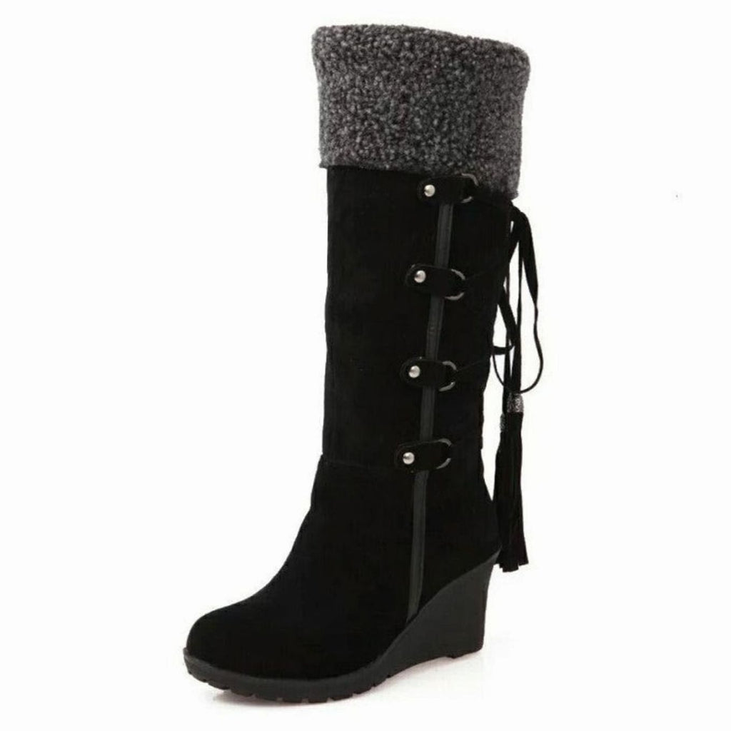 Wedge-Stiefel Damen beige figurbetont mit Kunstfellkragen - 3 - Atelier-Zofia