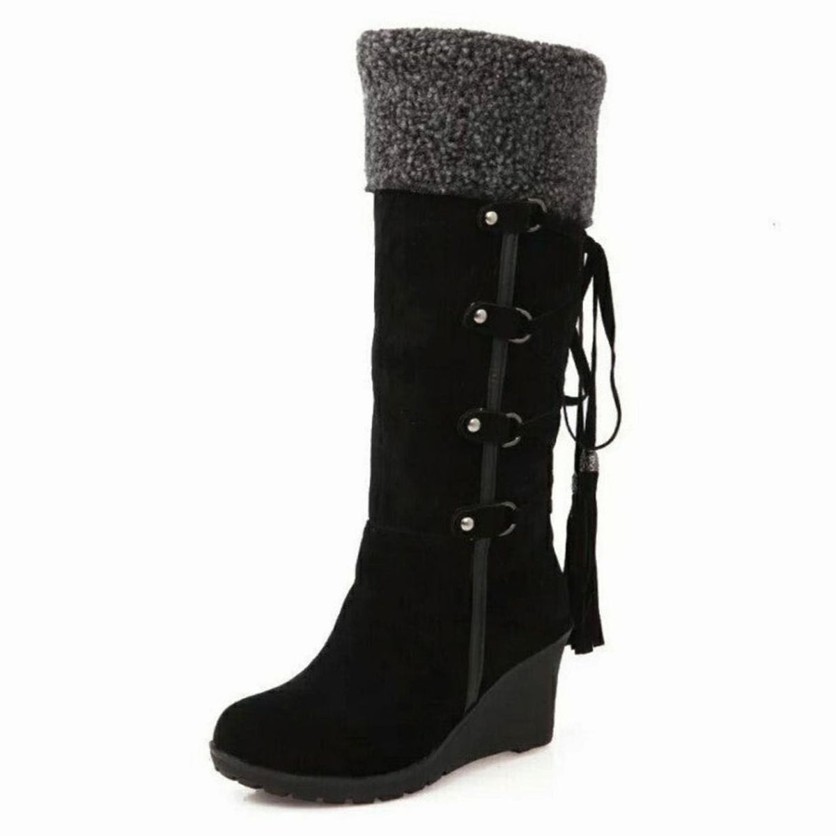 Wedge-Stiefel Damen beige figurbetont mit Kunstfellkragen - 3 - Atelier-Zofia