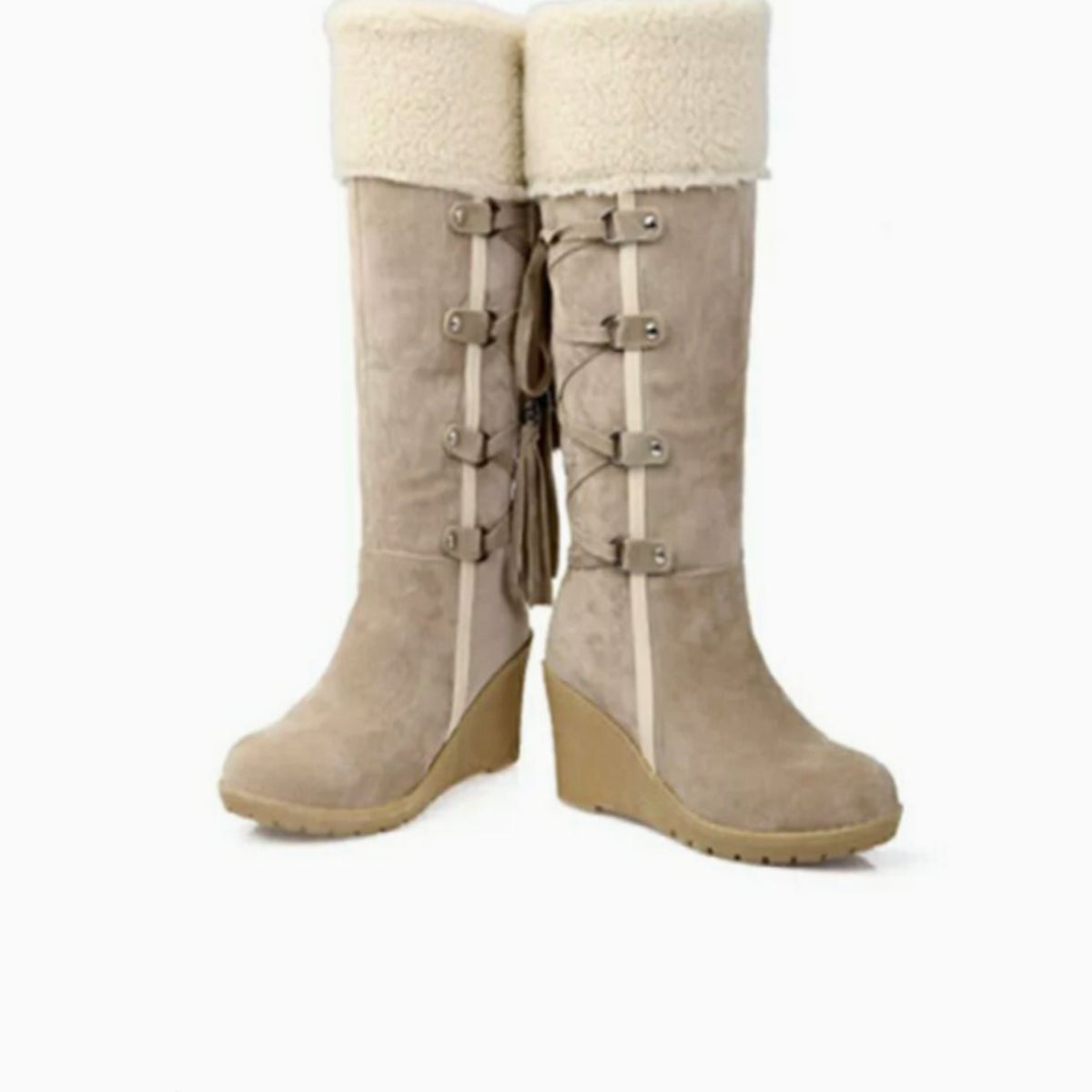 Wedge-Stiefel Damen beige figurbetont mit Kunstfellkragen - 4 - Atelier-Zofia