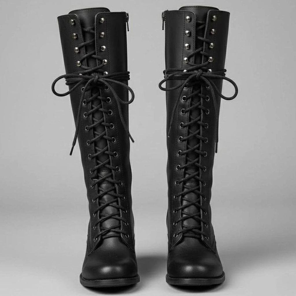 Stiefel Damen schwarz kniehoch mit Schnürung und Blockabsatz - 1 - Atelier-Zofia