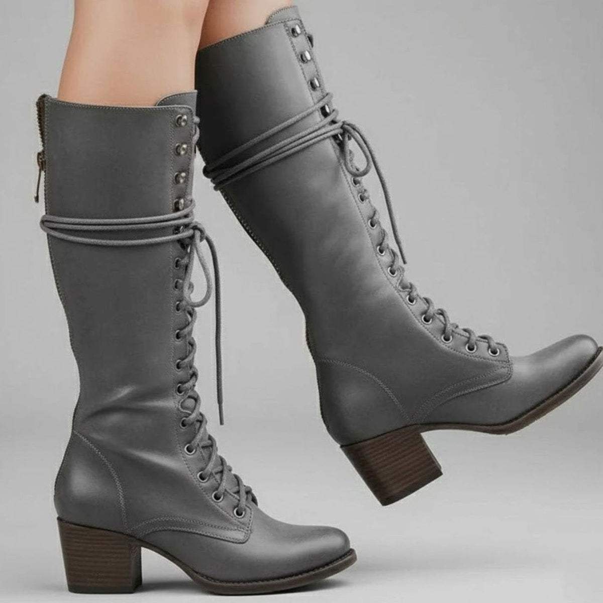 Stiefel Damen schwarz kniehoch mit Schnürung und Blockabsatz - 2 - Atelier-Zofia