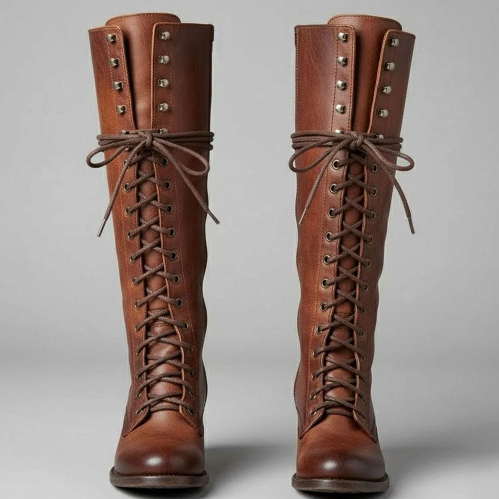 Stiefel Damen schwarz kniehoch mit Schnürung und Blockabsatz - 3 - Atelier-Zofia