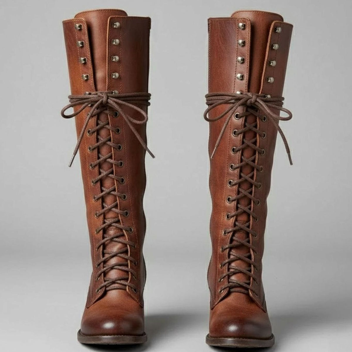 Stiefel Damen schwarz kniehoch mit Schnürung und Blockabsatz - 3 - Atelier-Zofia
