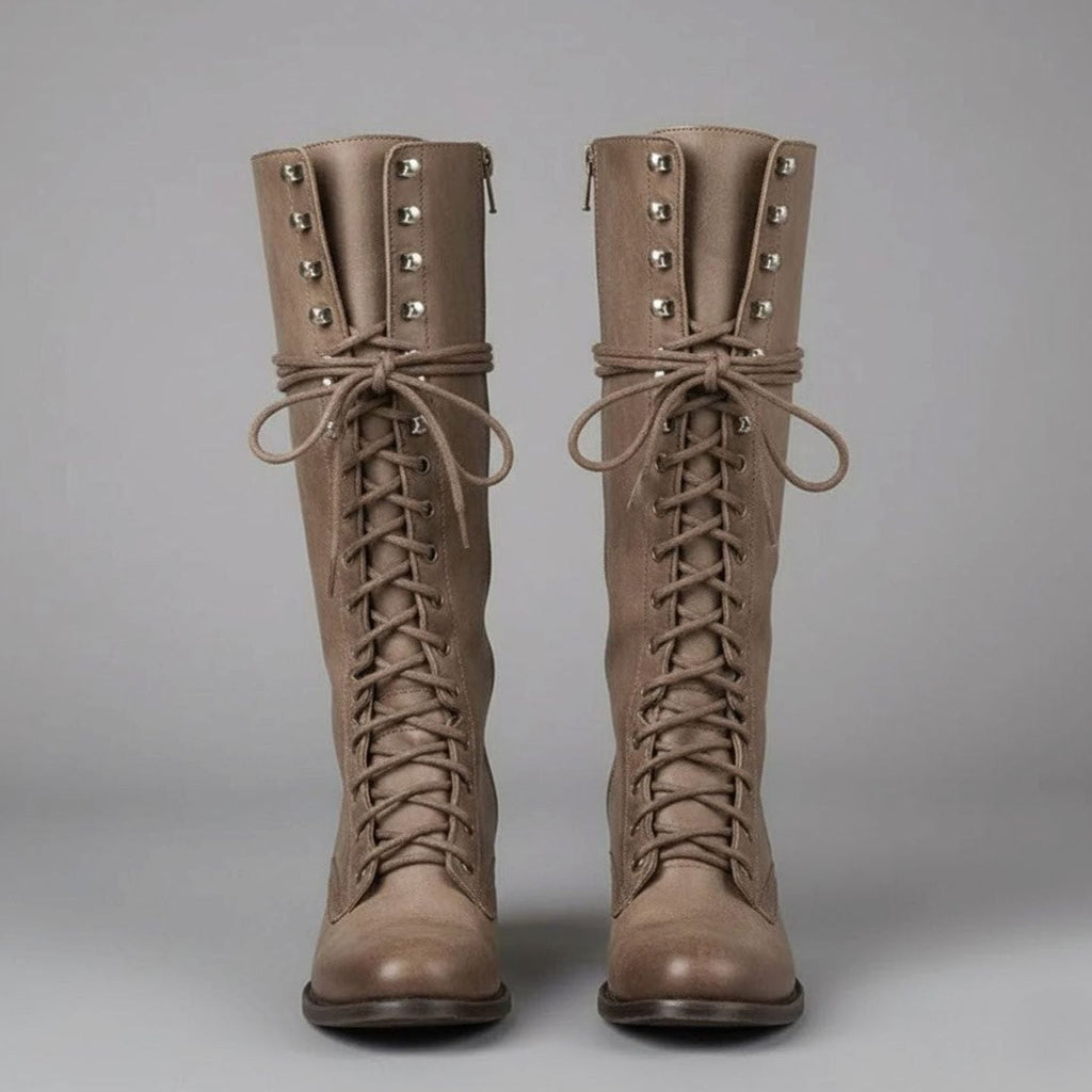 Stiefel Damen schwarz kniehoch mit Schnürung und Blockabsatz - 4 - Atelier-Zofia