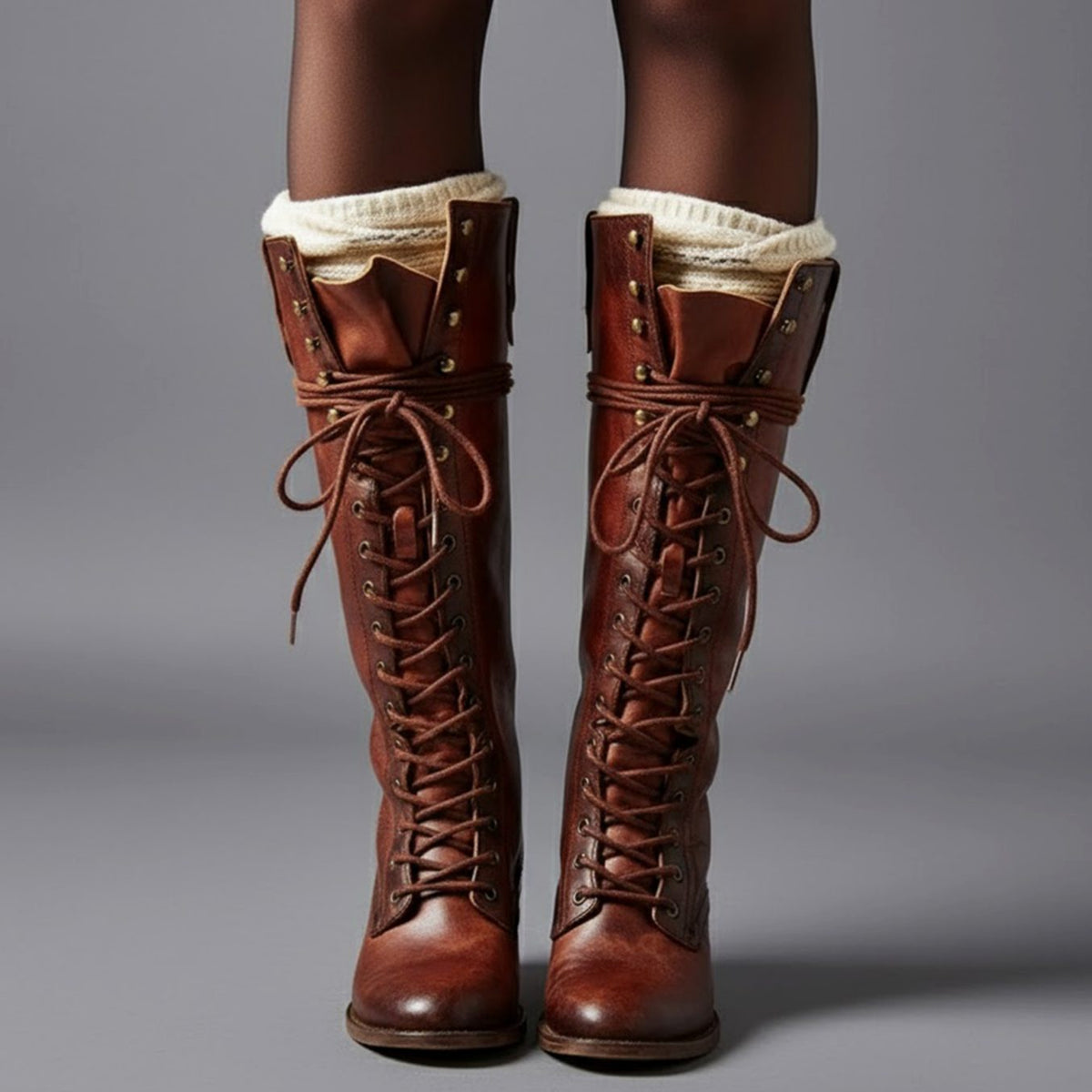 Stiefel Damen schwarz kniehoch mit Schnürung und Blockabsatz - 5 - Atelier-Zofia