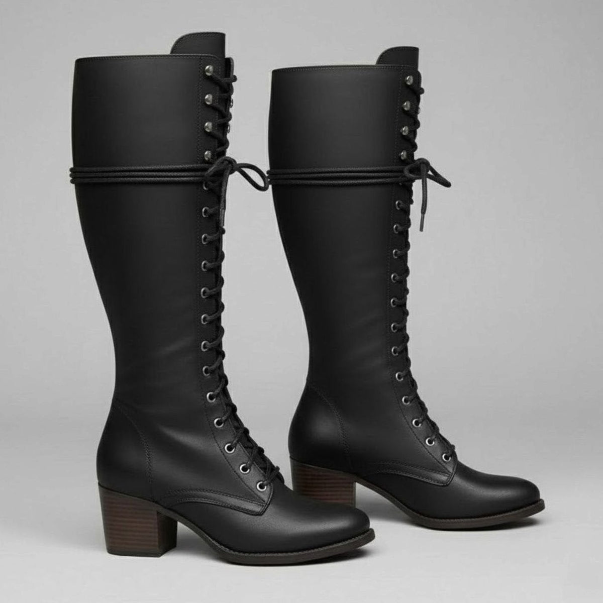 Stiefel Damen schwarz kniehoch mit Schnürung und Blockabsatz - 6 - Atelier-Zofia