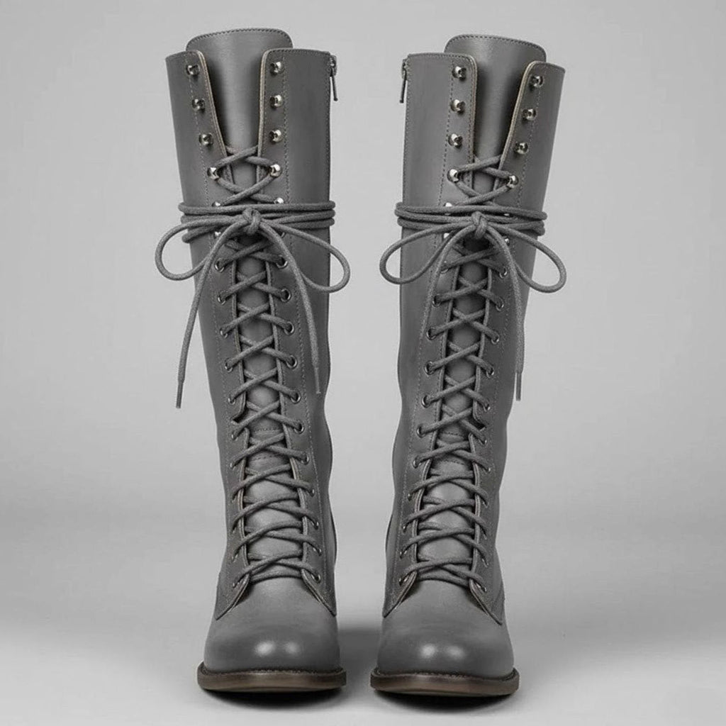 Stiefel Damen schwarz kniehoch mit Schnürung und Blockabsatz - 7 - Atelier-Zofia