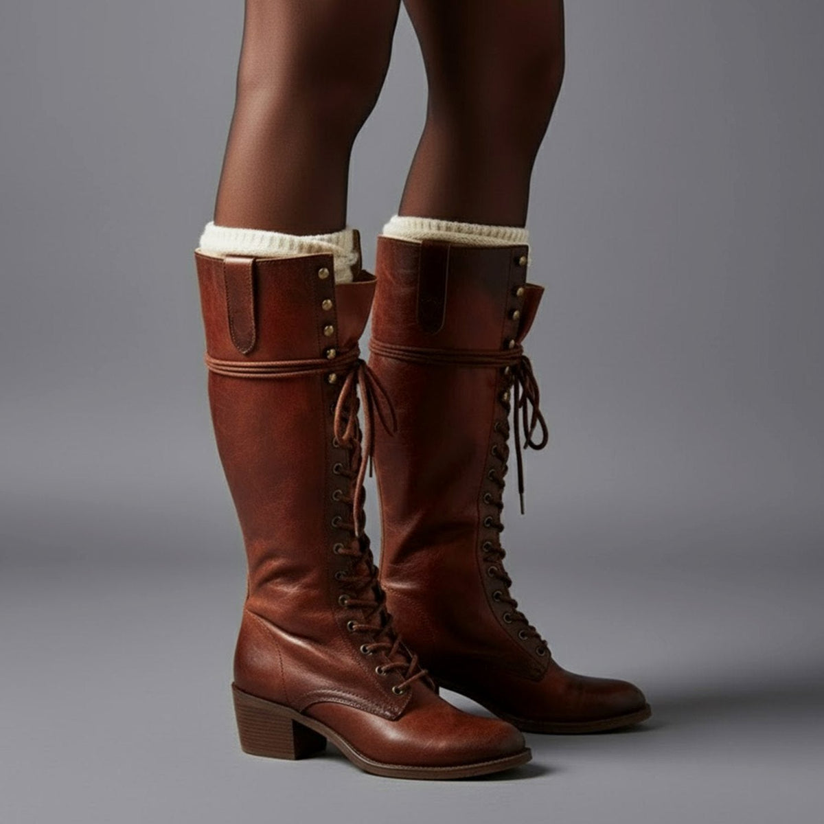 Stiefel Damen schwarz kniehoch mit Schnürung und Blockabsatz - 11 - Atelier-Zofia
