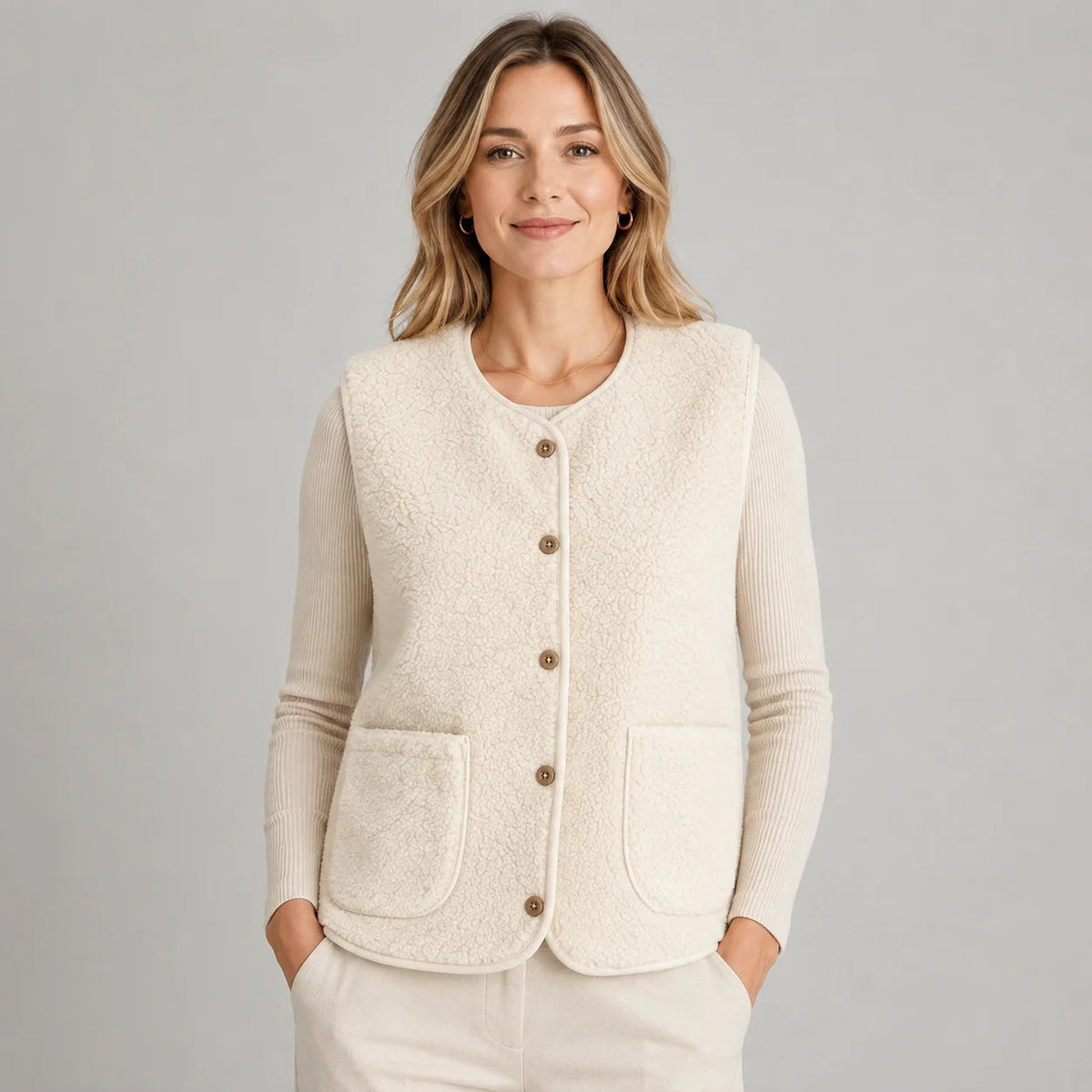 Weste Damen creme ärmellos mit Knopfleiste und Taschen - 1 - Atelier-Zofia