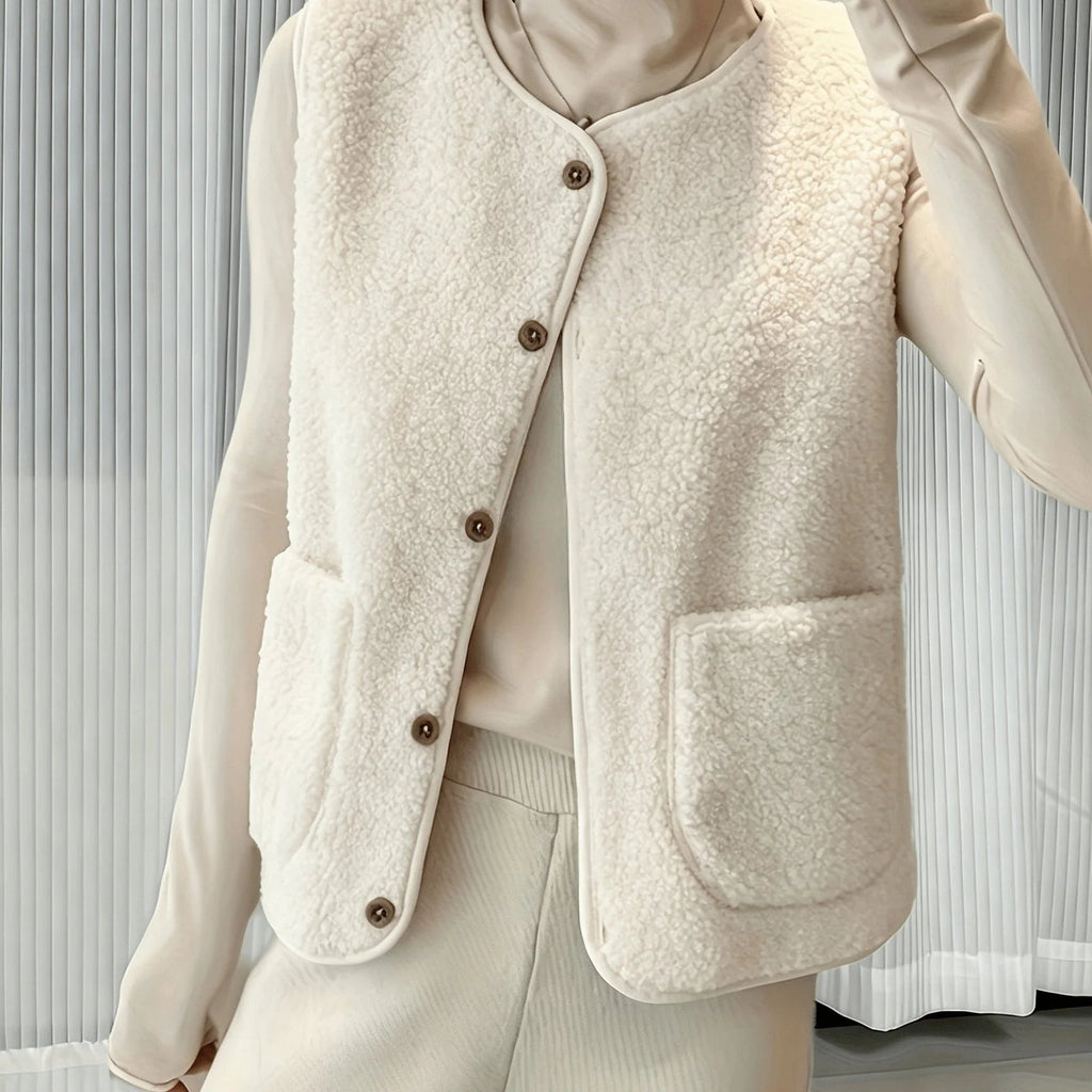 Weste Damen creme ärmellos mit Knopfleiste und Taschen - 5 - Atelier-Zofia