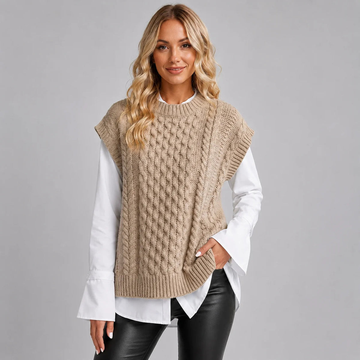 Damen Weste beige lässig mit kurzen Ärmeln und Struktur - 1 - Atelier-Zofia