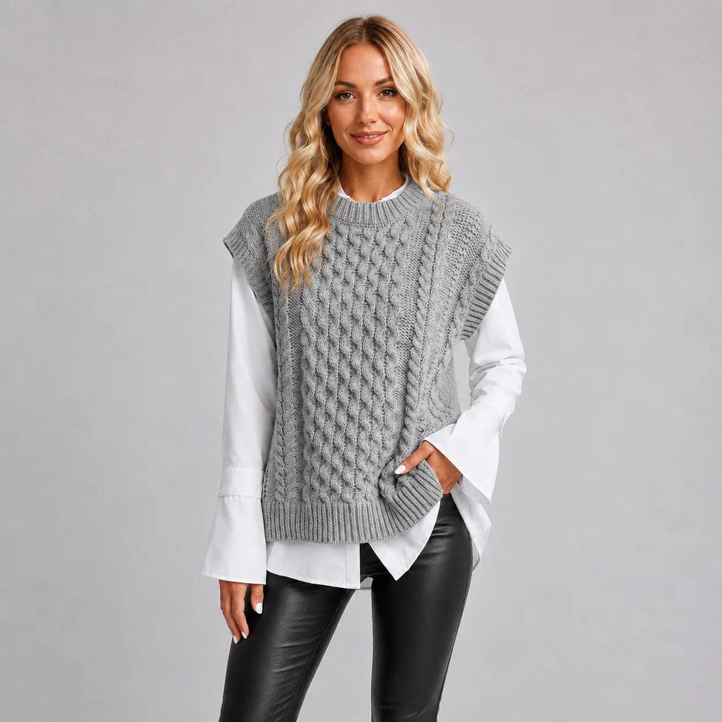 Damen Weste beige lässig mit kurzen Ärmeln und Struktur - 2 - Atelier-Zofia