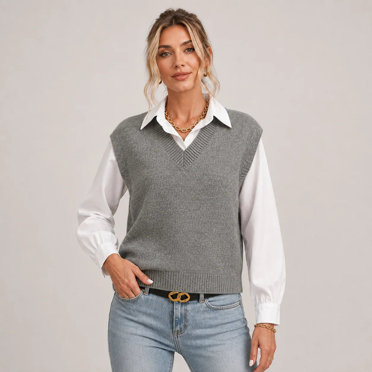 Weste Damen grau tailliert mit V-Ausschnitt - 1 - Atelier-Zofia