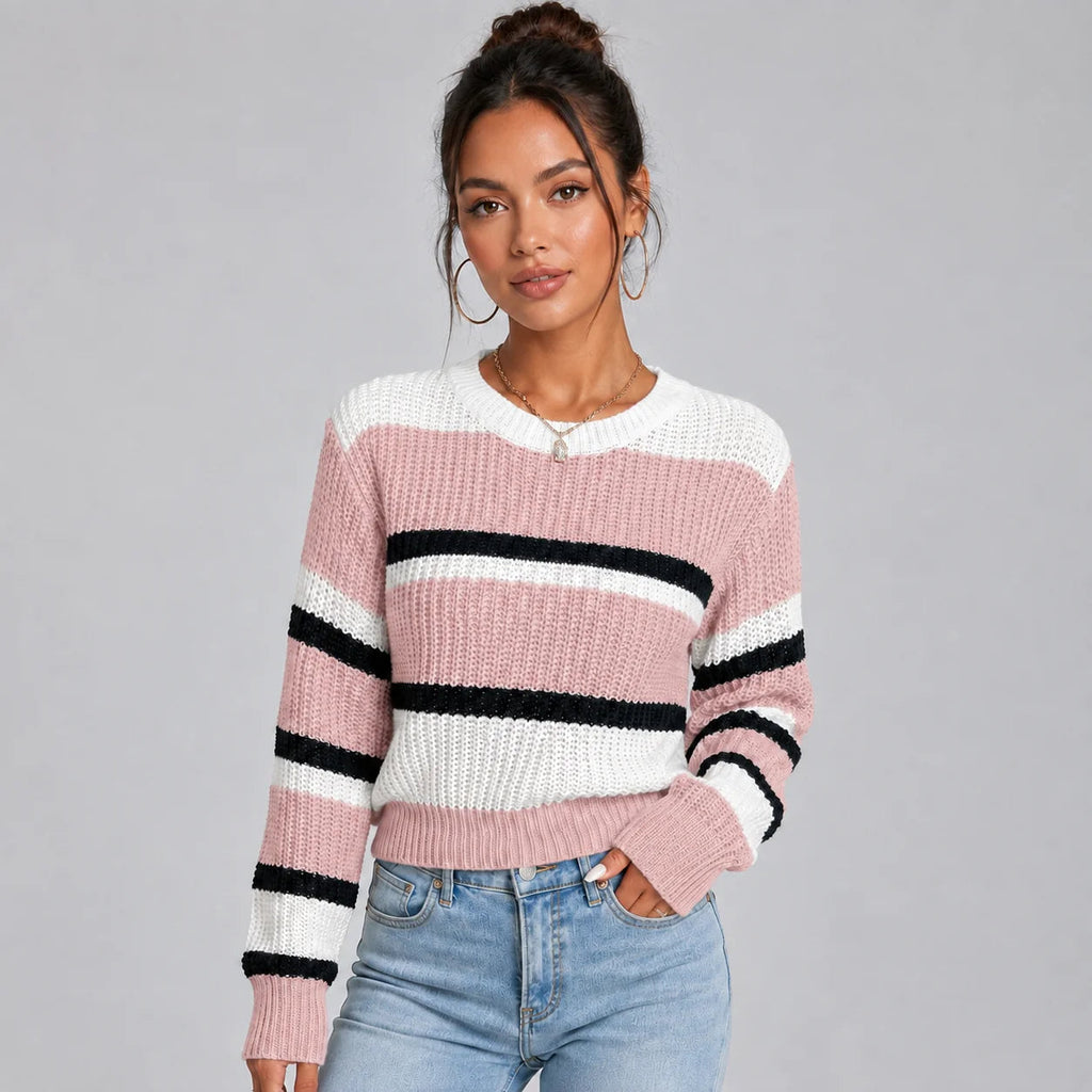 Pullover Damen blau-rosa gestreift mit Rundhalsausschnitt - 2 - Atelier-Zofia