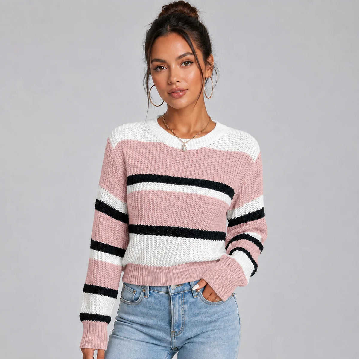 Pullover Damen blau-rosa gestreift mit Rundhalsausschnitt - 2 - Atelier-Zofia