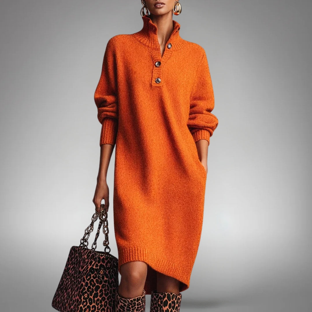 Kleid Damen orange tailliert mit Stehkragen und Knopfdetails - 1 - Atelier-Zofia