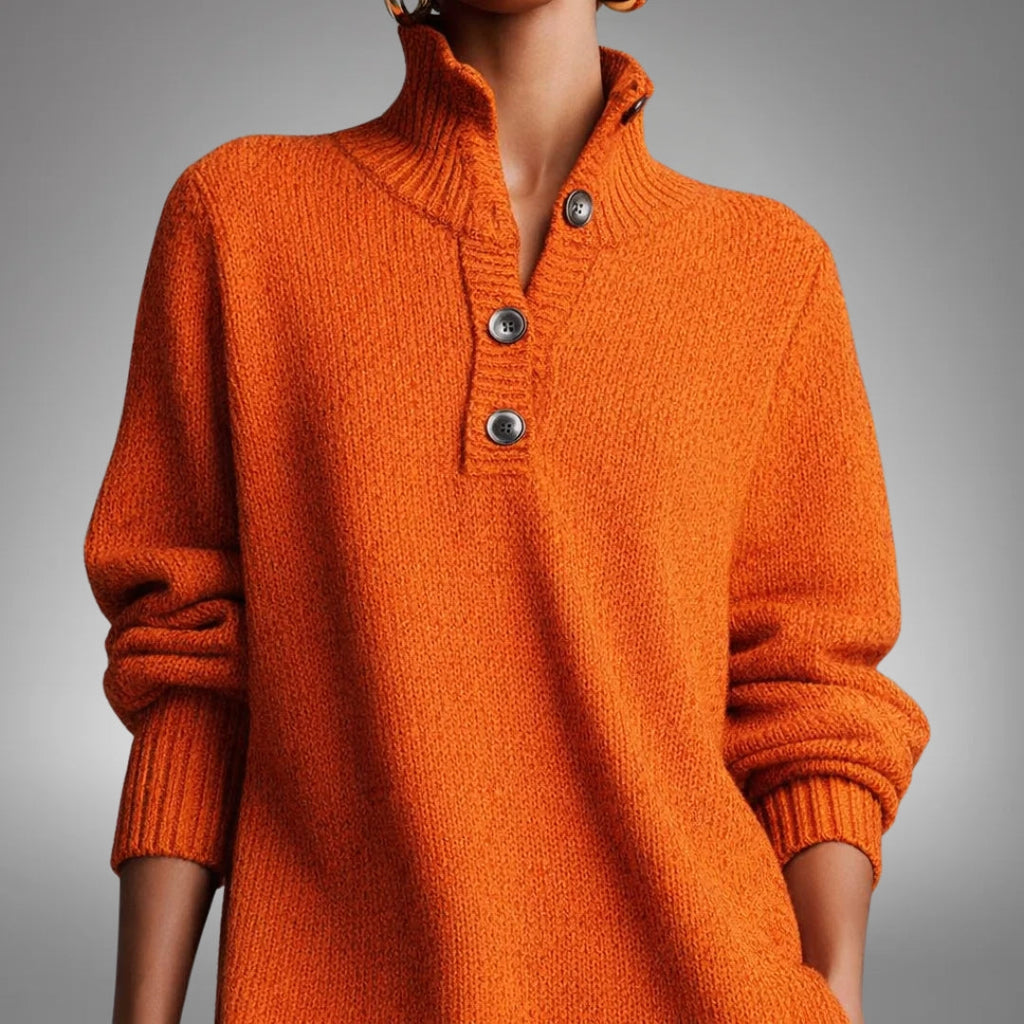 Kleid Damen orange tailliert mit Stehkragen und Knopfdetails - 2 - Atelier-Zofia