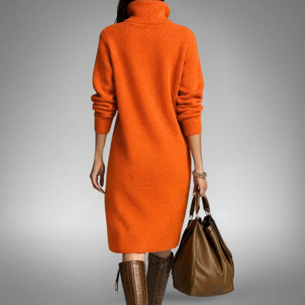 Kleid Damen orange tailliert mit Stehkragen und Knopfdetails - 3 - Atelier-Zofia