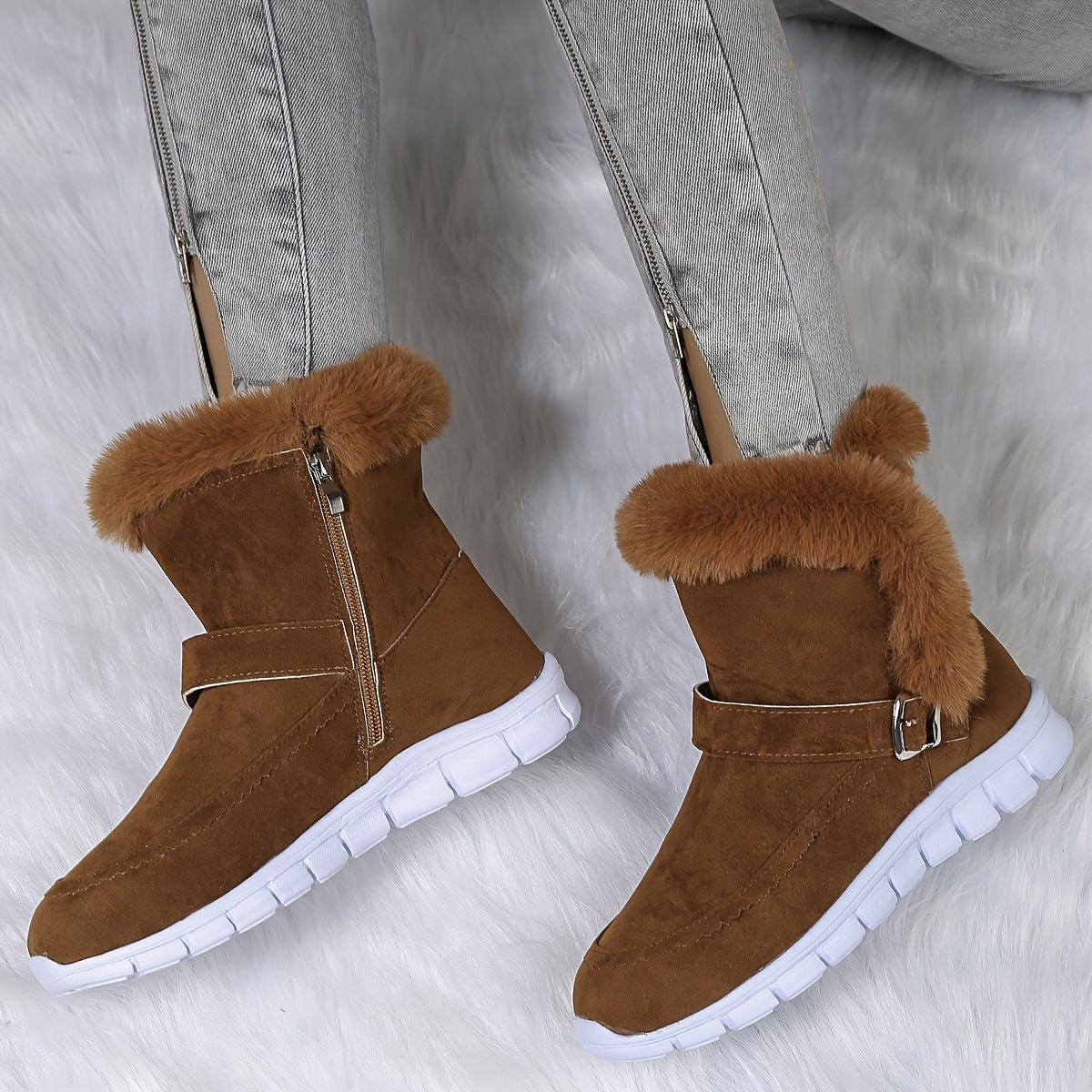 Damen Boots schwarz mit weichem Fellkragen und praktischem Reißverschluss - 6 - Atelier-Zofia