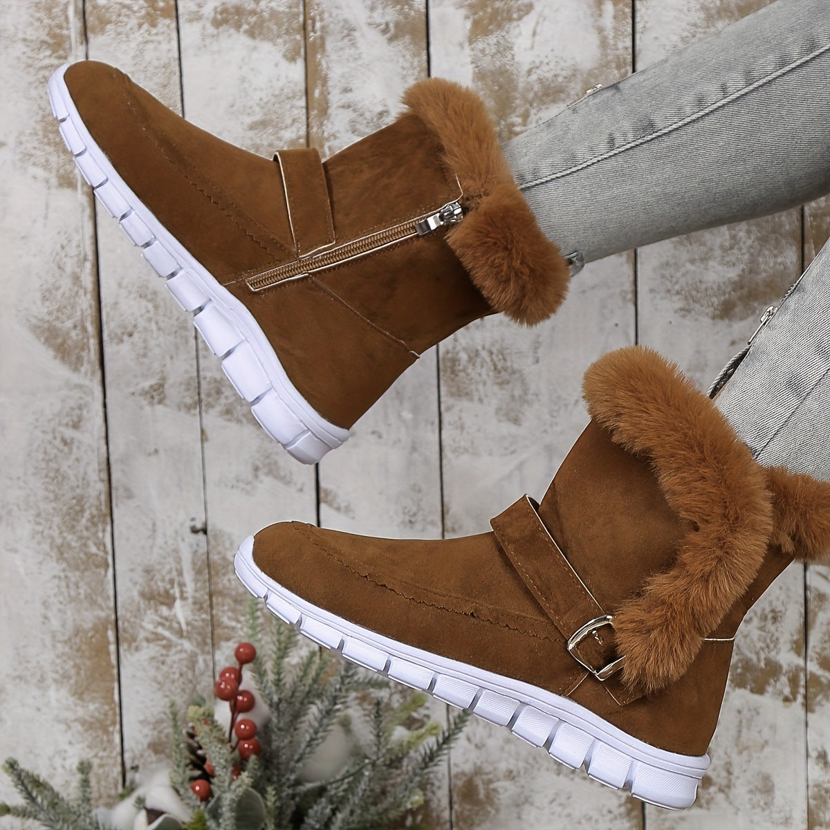 Damen Boots schwarz mit weichem Fellkragen und praktischem Reißverschluss - 7 - Atelier-Zofia