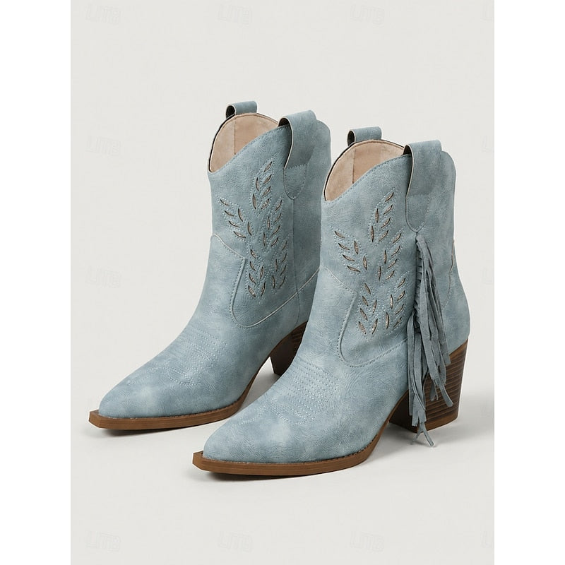 Damen Boots blau mit Blockabsatz und Fransen - 3 - Atelier-Zofia