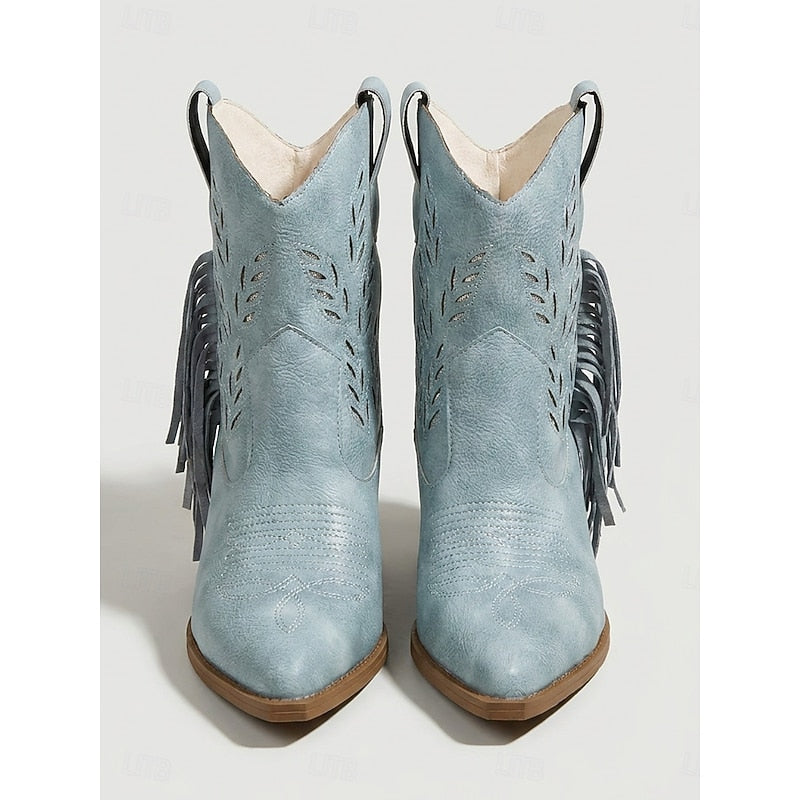 Damen Boots blau mit Blockabsatz und Fransen - 4 - Atelier-Zofia