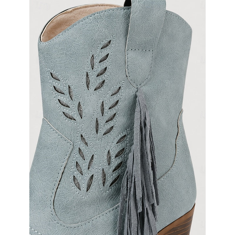 Damen Boots blau mit Blockabsatz und Fransen - 5 - Atelier-Zofia