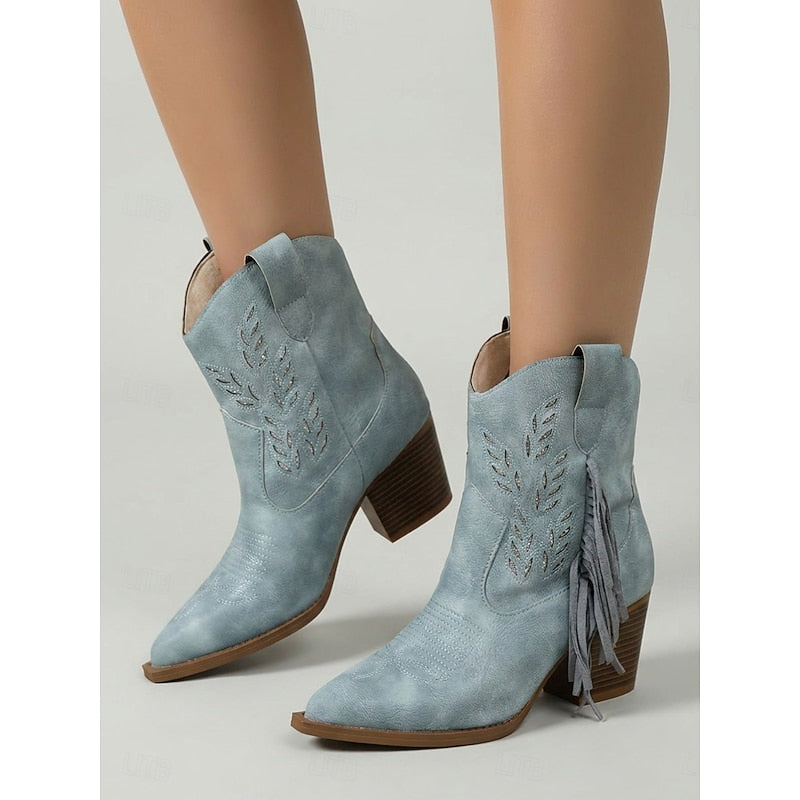 Damen Boots blau mit Blockabsatz und Fransen - 6 - Atelier-Zofia