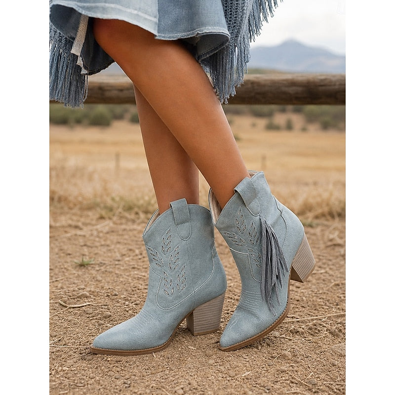 Damen Boots blau mit Blockabsatz und Fransen - 7 - Atelier-Zofia