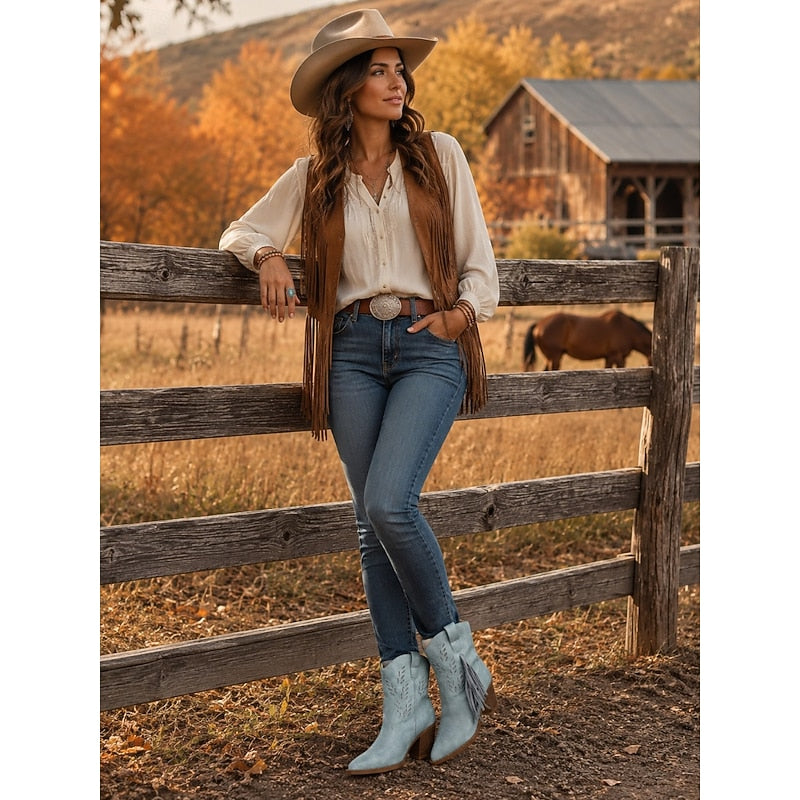 Damen Boots blau mit Blockabsatz und Fransen - 8 - Atelier-Zofia