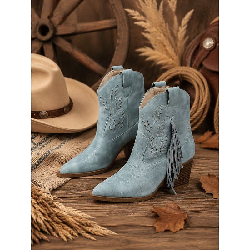 Damen Boots blau mit Blockabsatz und Fransen - 9 - Atelier-Zofia