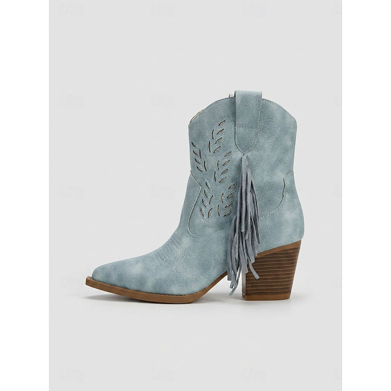 Damen Boots blau mit Blockabsatz und Fransen - 10 - Atelier-Zofia