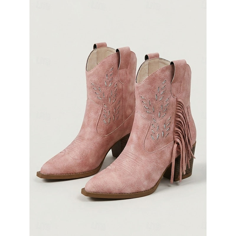 Damen Boots blau mit Blockabsatz und Fransen - 11 - Atelier-Zofia