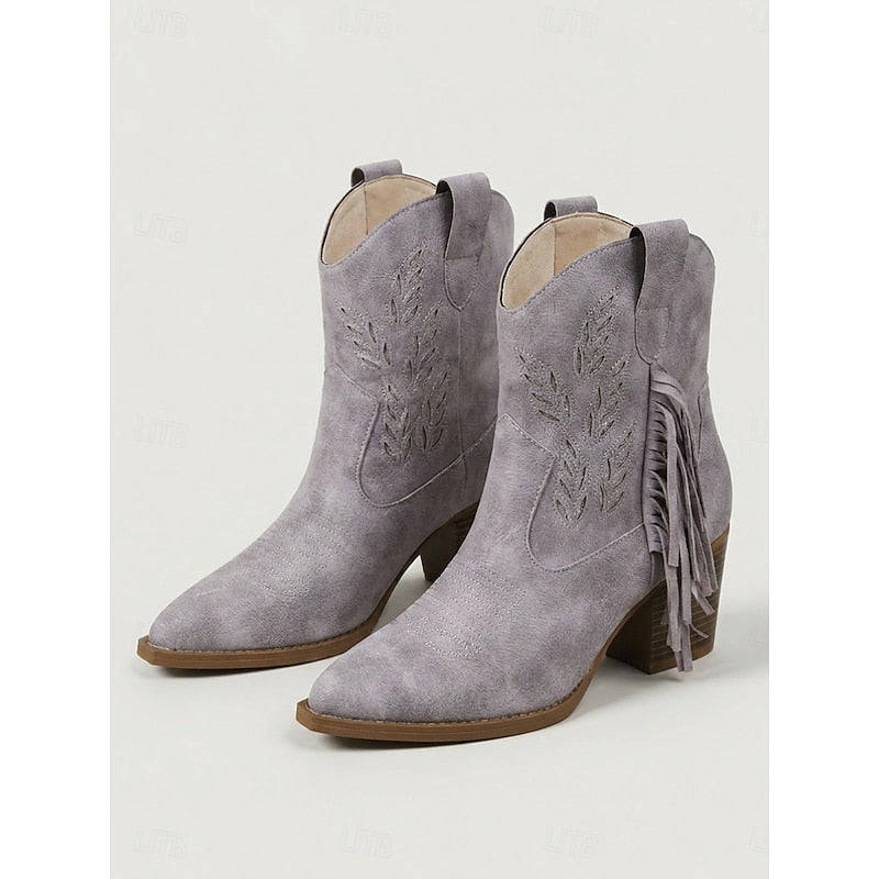 Damen Boots blau mit Blockabsatz und Fransen - 12 - Atelier-Zofia
