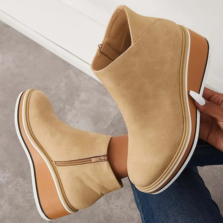 Stiefeletten Damen beige Wedge-Absatz mit Reißverschluss - 2 - Atelier-Zofia