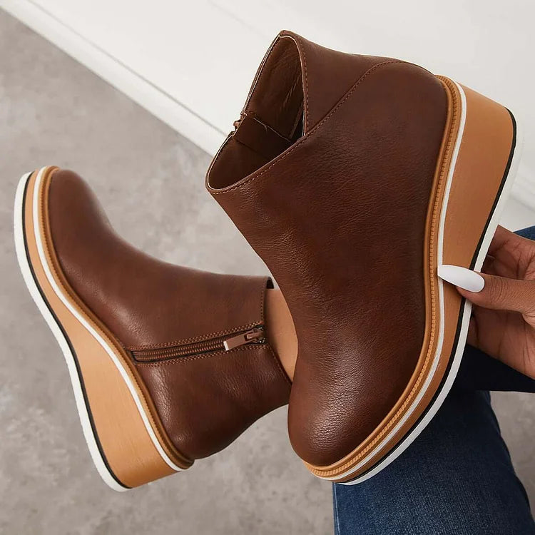 Stiefeletten Damen beige Wedge-Absatz mit Reißverschluss - 3 - Atelier-Zofia