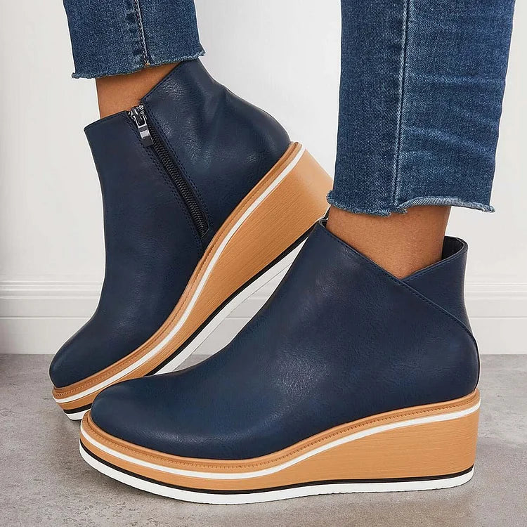 Stiefeletten Damen beige Wedge-Absatz mit Reißverschluss - 5 - Atelier-Zofia
