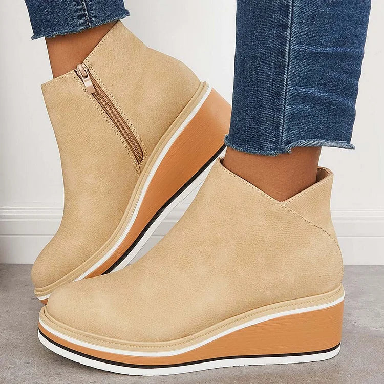 Stiefeletten Damen beige Wedge-Absatz mit Reißverschluss - 8 - Atelier-Zofia