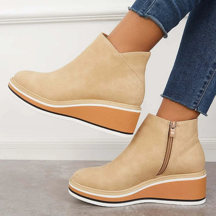 Stiefeletten Damen beige Wedge-Absatz mit Reißverschluss - 10 - Atelier-Zofia