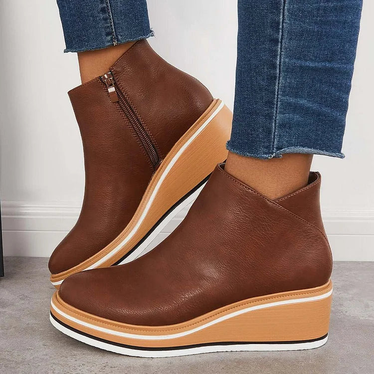 Stiefeletten Damen beige Wedge-Absatz mit Reißverschluss - 11 - Atelier-Zofia