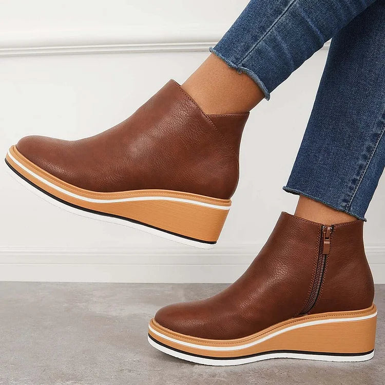 Stiefeletten Damen beige Wedge-Absatz mit Reißverschluss - 12 - Atelier-Zofia