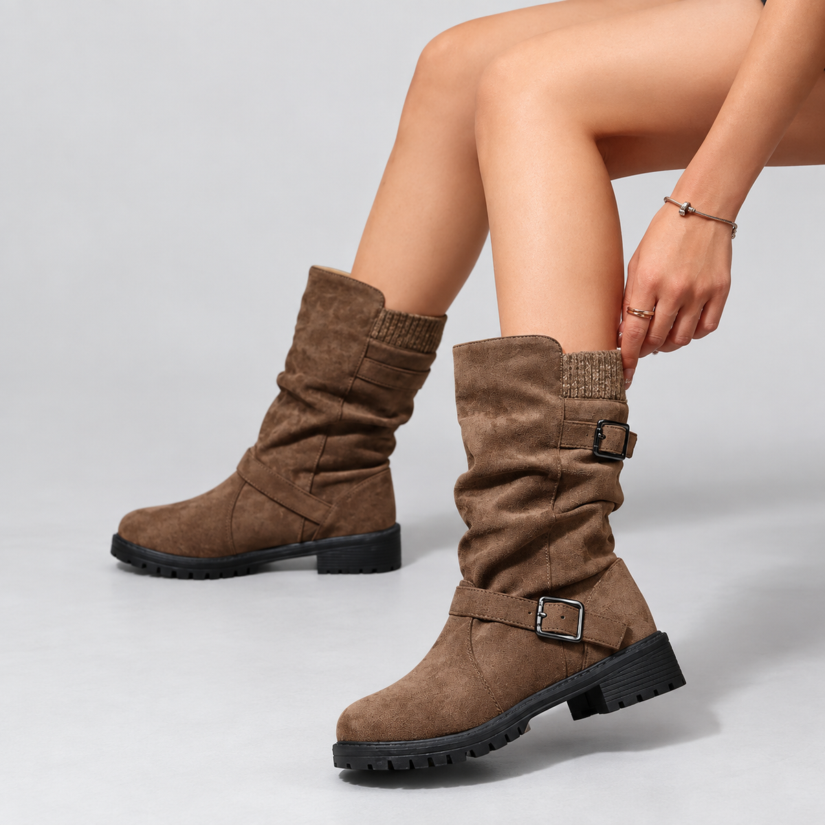 Damen Boots braun mit gerafftem Schaft und Schnallen-Details - 1 - Atelier-Zofia