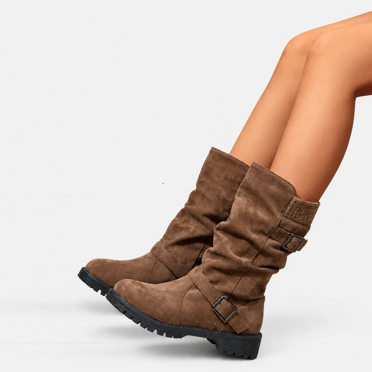 Damen Boots braun mit gerafftem Schaft und Schnallen-Details - 2 - Atelier-Zofia