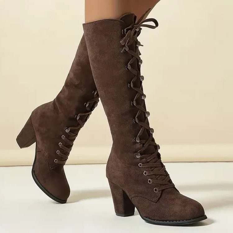 Stiefel Damen braun mit hohem Blockabsatz und Schnürung - 1 - Atelier-Zofia