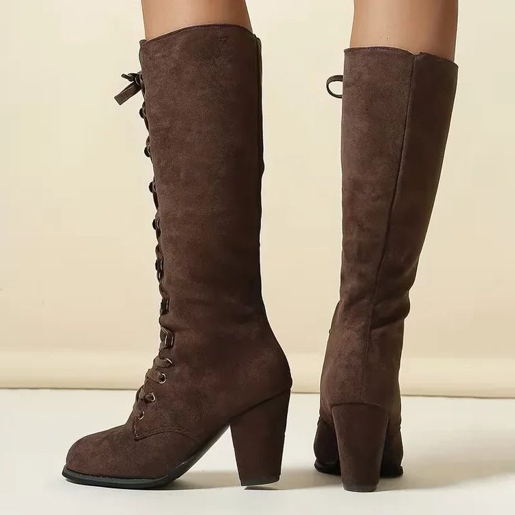 Stiefel Damen braun mit hohem Blockabsatz und Schnürung - 3 - Atelier-Zofia