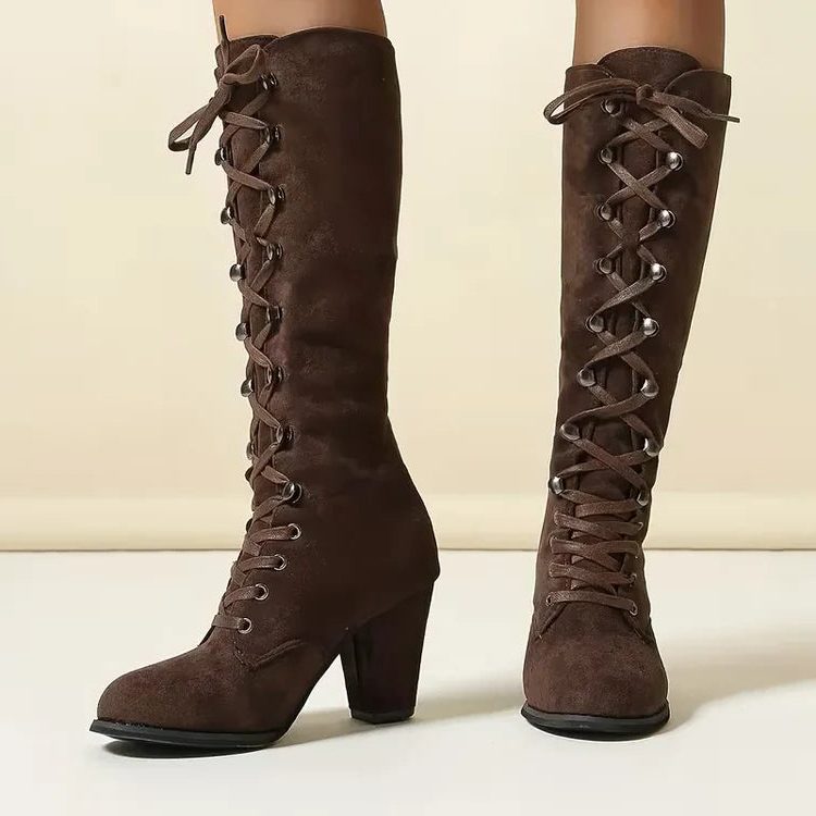 Stiefel Damen braun mit hohem Blockabsatz und Schnürung - 4 - Atelier-Zofia