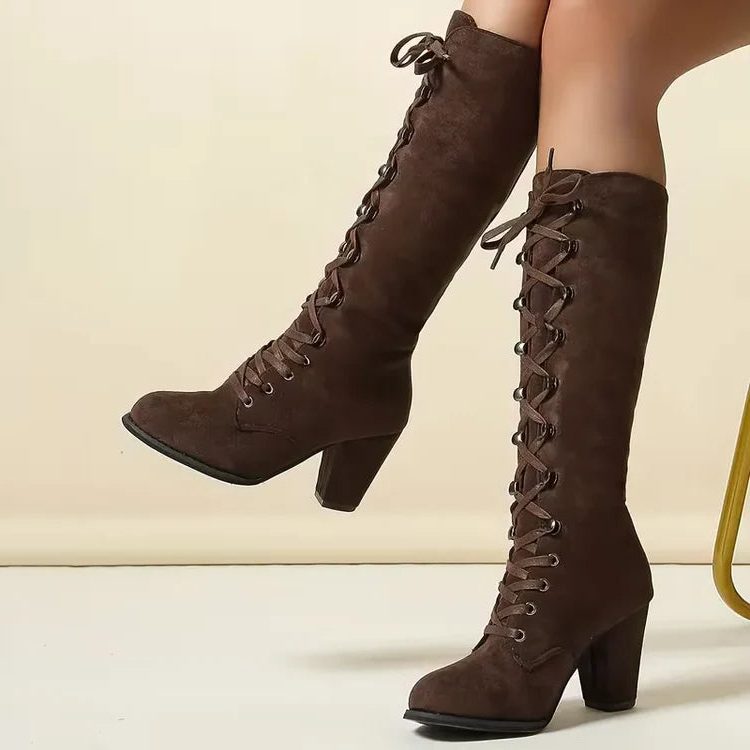 Stiefel Damen braun mit hohem Blockabsatz und Schnürung - 5 - Atelier-Zofia