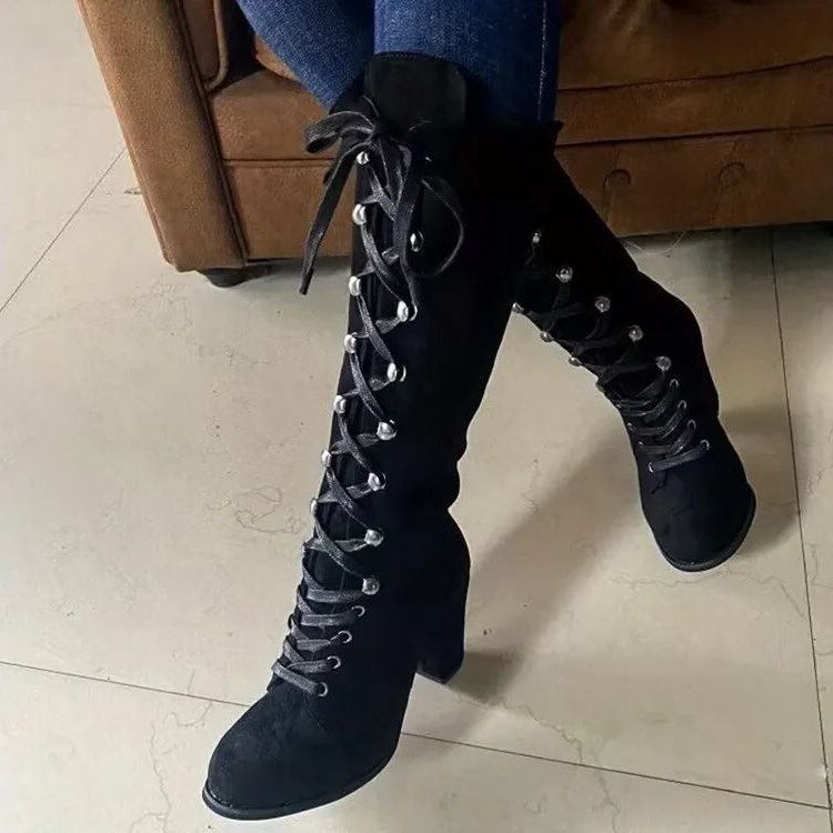 Stiefel Damen braun mit hohem Blockabsatz und Schnürung - 8 - Atelier-Zofia