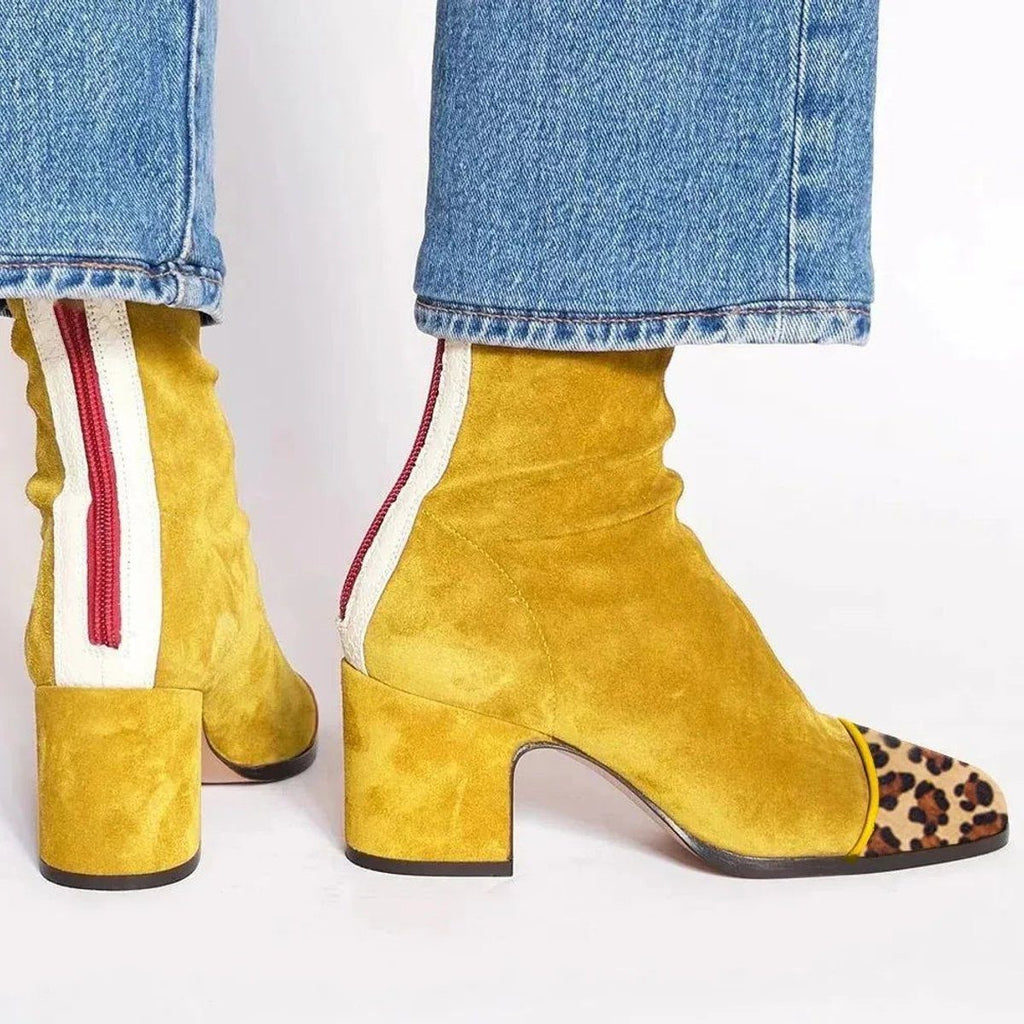 Stiefel Damen braun figurbetont mit Blockabsatz und Leopardenakzenten - 1 - Atelier-Zofia